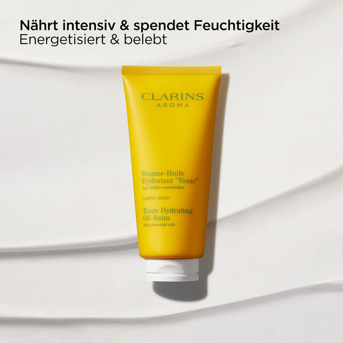 Clarins Baume-Huile Hydratant Tonic mit Text, nährt, spendet Feuchtigkeit, energetisiert und belebt