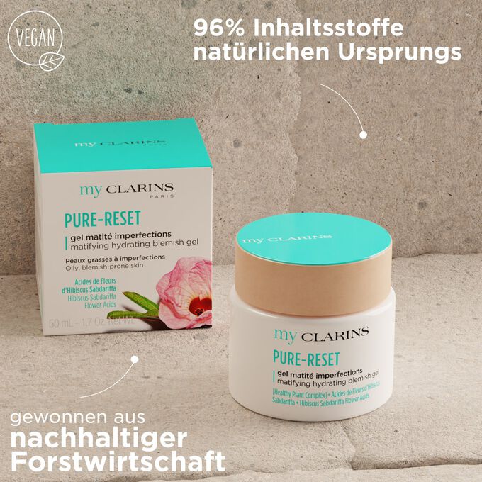 My Clarins Pure-Reset Gel mit Textinfo: 96% natürlichen Ursprungs, Faltschachtelpapier aus nachhaltiger Forstwirtschaft