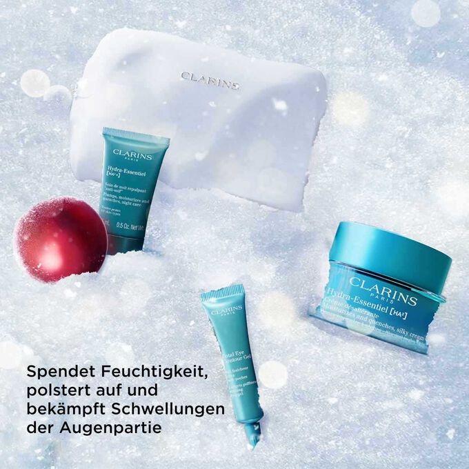 Hydra-Essentiel Weihnachtsset mit Originalgröße Feuchtigkeitscreme, Reisegrößen von Nachtcreme und Augengel.