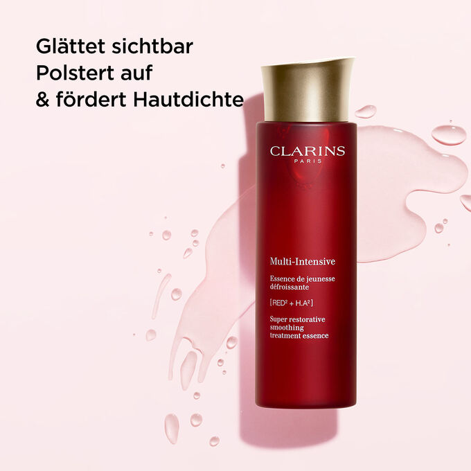 Clarins Multi-Intensive Essence de jeunesse mit Text, glättend aufpolsternd und Hautdichte fördernd