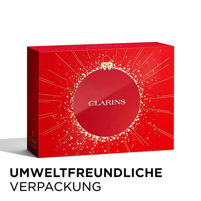 Clarins Weihnachtsgeschenkset mit umweltfreundlicher Verpackung, die Nachhaltigkeit unterstreicht.