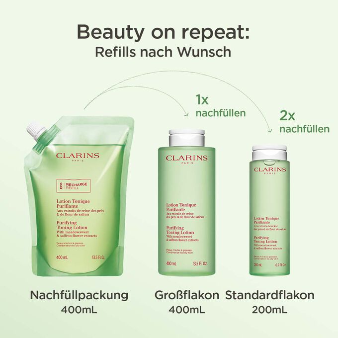 Drei Formate der nachfüllbaren Lotion Tonique Purifiante: 400ml, 200ml und 400ml Nachfüllpackungen, um die Optionen zu zeigen Drei Formate der nachfüllbaren Lotion Tonique Purifiante: 400ml, 200ml und 400ml Nachfüllpackungen, um die Optionen zu zeigen