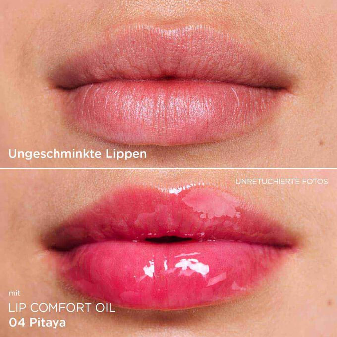 Vorher-Nachher-Nahaufnahme der Lippen einer Frau, die das Ergebnis nach der Anwendung des rosa Lippenöls zeigt