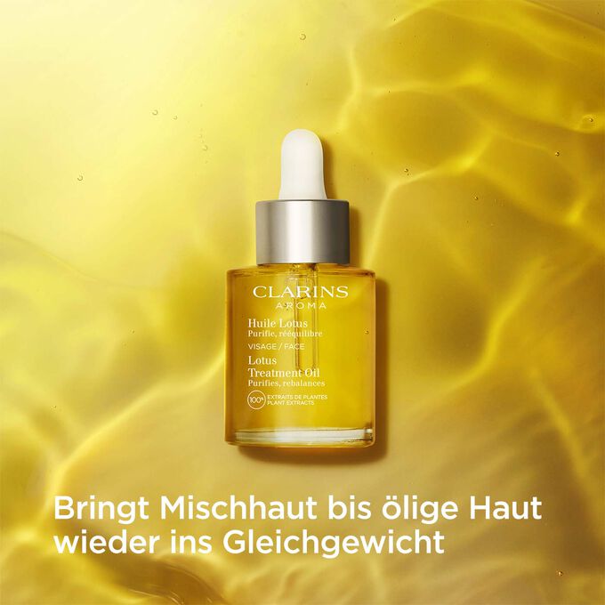 Glasflakon Clarins Gesichtspflegeöl Huile Lotus mit Text, der die ausgleichende Wirkung des Öls für ölige Haut hervorhebt