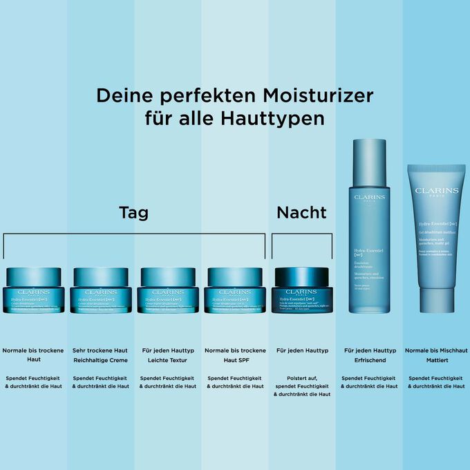 Gesichtspflege-Produkte der Clarins Linie Hydra-Essentiel hydratisieren, n&auml;hren, sind f&uuml;r alle Hauttypen und Bed&uuml;rfnisse