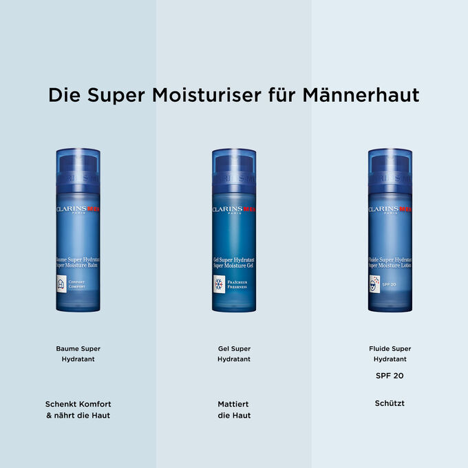 3 Moisturiser für Männerhaut von ClarinsMen zur Wahl je nach Hautbedürfnis: Balsam, Gel und Fluide SPF20
