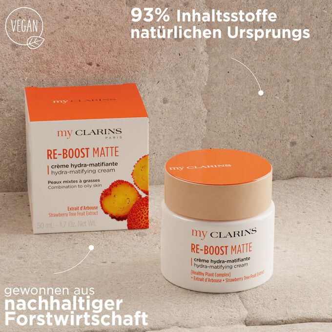 Re-Boost Matte Creme mit Textinfo: Textur 93% natürlichen Ursprungs, Faltschachtelpapier aus nachhaltiger Forstwirtschaft