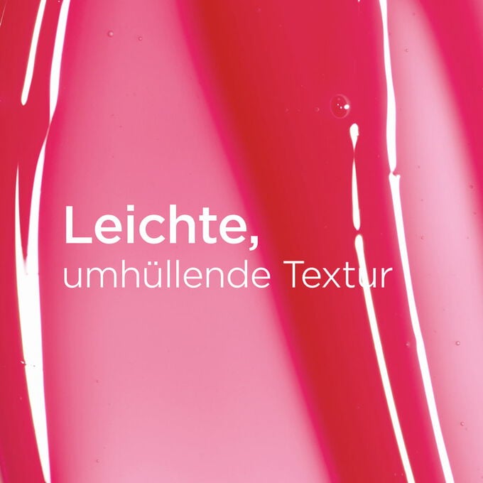 Strukturierter, gl&auml;nzend rosa Hintergrund und Text, der die leichte, glatte umh&uuml;llende Textur des Lip Oil der Love Collection herausstellt