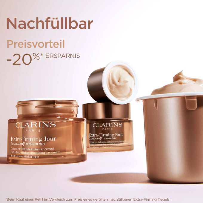 Extra Firming Jour plus Refill mit Textinfo, dass die nachf&uuml;llbare Creme eine nachhaltige und wirtschaftliche Option ist.