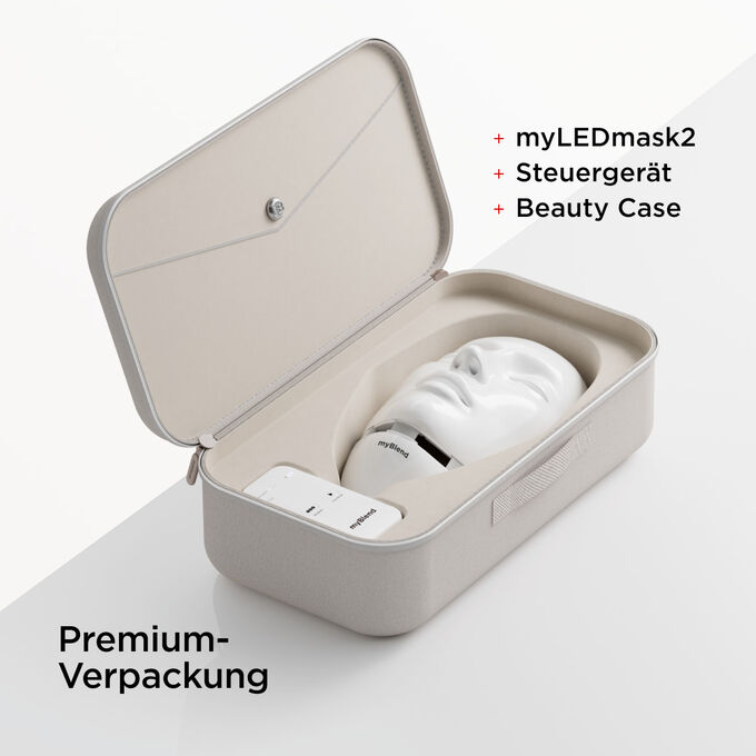 Nahaufnahme der hochwertigen Verpackung der myLEDmask2 mit Reisetasche und Steuerger&auml;t