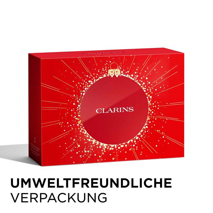 Clarins Weihnachtsgeschenkset mit umweltfreundlicher Verpackung, die Nachhaltigkeit unterstreicht.