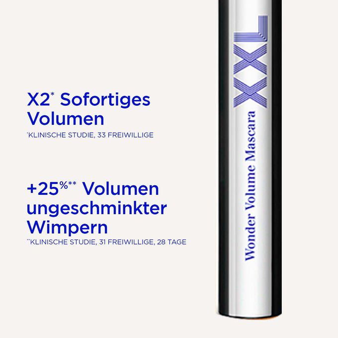 Clarins Wonder Volume Mascara XXL in Blau mit Text zu X2-Wimpernvolumen und  25 % mehr Volumen ungeschminkter Wimpern