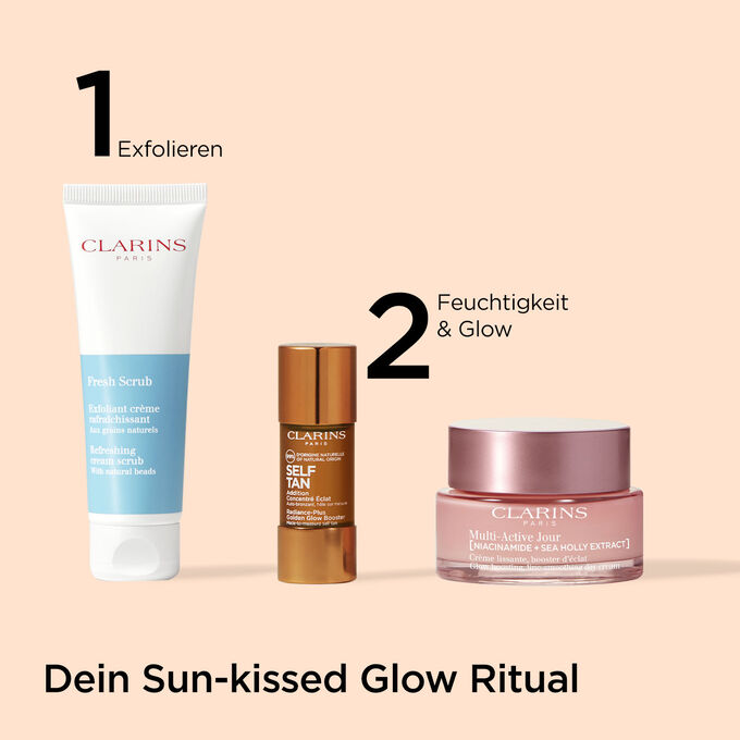 3 Produkte von Clarins f&uuml;r die perfekte Br&auml;unungsroutine: Peeling, Selbstbr&auml;uner-Konzentrat f&uuml;r das Gesicht und Tagescreme