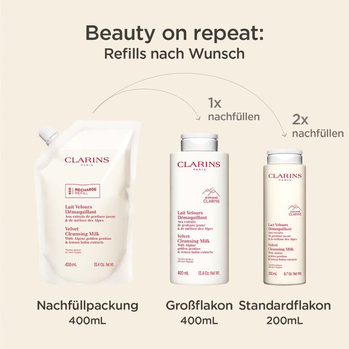 Drei Formate der nachfüllbaren Reinigungsmilch: 400ml, 200ml und 400ml Nachfüllpackungen, um die Optionen zu zeigen
