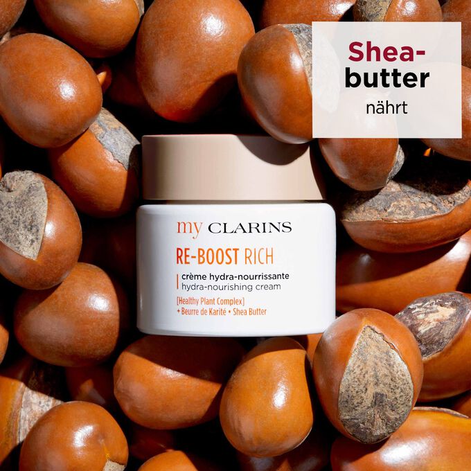Re-Boost Rich Hydra-nourishing Cream auf Sheanüssen gebettet und Textinfo, dass Sheabutter nährt