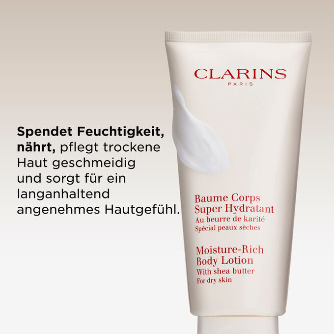Eine Tube Baume Corps Super Hydratant, um die wichtigsten Produktvorteile hervorzuheben: spendet Feuchtigkeit, n&auml;hrt und pflegt sehr trockene Haut geschmeidig.