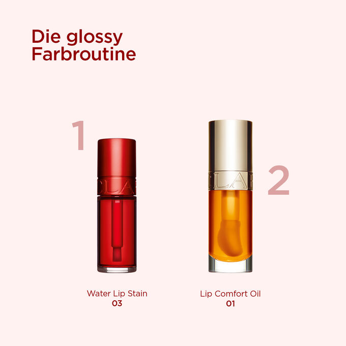 Auswahl an Clarins Produkten für täglich mit Feuchtigkeit versorgte und natürlich getönte Lippen mit  glossy Finish.
