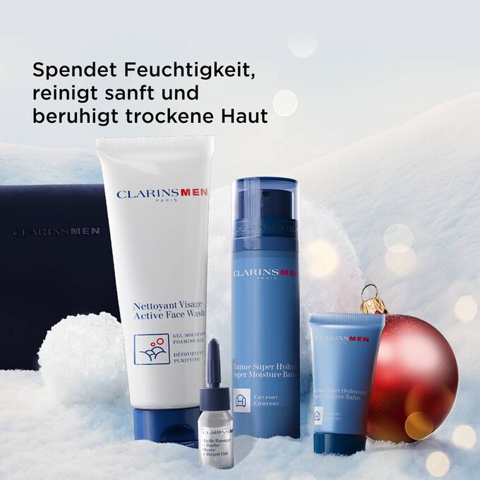 ClarinsMen Geschenkset mit Pflege, die Feuchtigkeit spendet, reinigt und trockene oder sensible Hauttypen beruhigt.