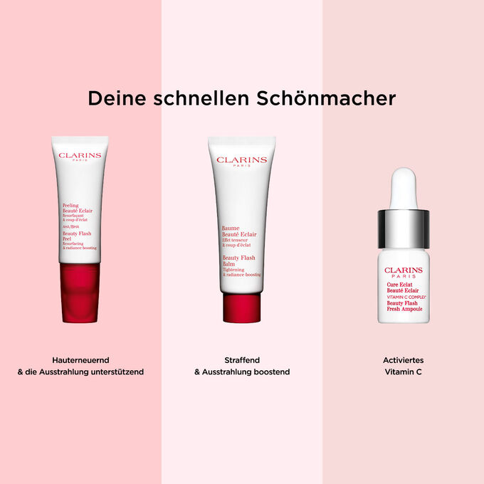 3 schnelle Sch&ouml;nmacher-Produkte von Clarins, die eine sch&ouml;ne Ausstrahlung der Haut unterst&uuml;tzen.