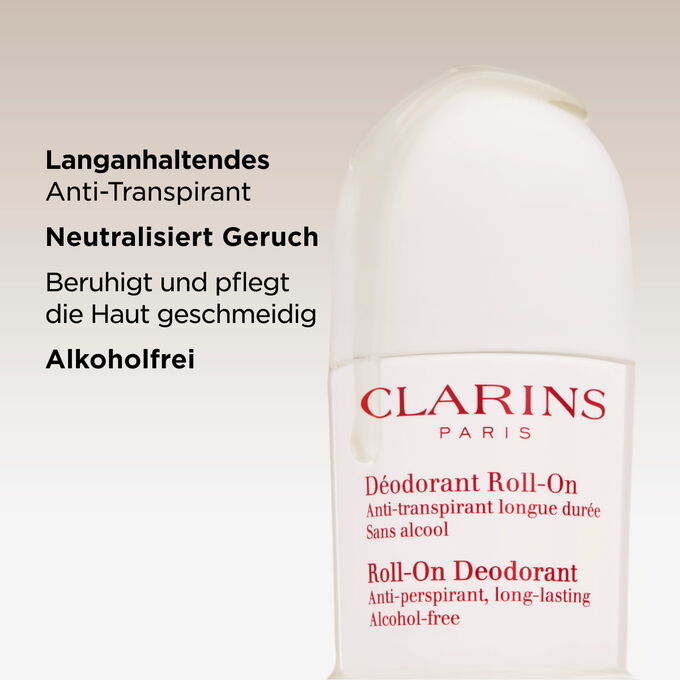 Clarins Roll-on-Deodorant mit fl&uuml;ssiger Textur, das durch seine langanhaltende Antitranspirant-Wirkung und geruchsneutralisierenden Eigenschaften &uuml;berzeugt, alkoholfrei formuliert und dank des praktischen Roll-ons leicht aufzutragen