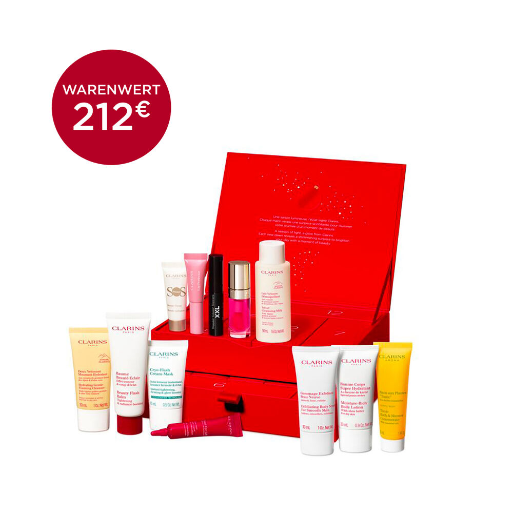 Clarins Adventskalender für 12 Tage mit Must-have Produkten für das täglische Pflege- und Beauty-Ritual