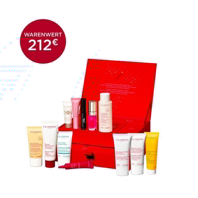 Clarins Adventskalender für 12 Tage mit Must-have Produkten für das täglische Pflege- und Beauty-Ritual