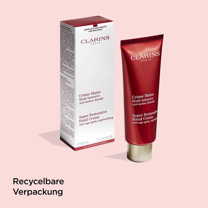 Tube der Clarins Mullti-Intensive Handcreme mit Faltschachtel und Texthinweis, dass diese recycelbar sind