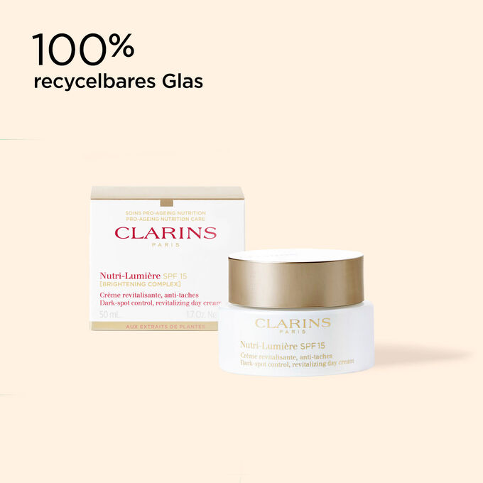 Cremetiegel der Anti-Aging-Creme Nutri-Lumière SPF 15 und Faltschachtel mit Hinweis: 100% recycelbares Glas.