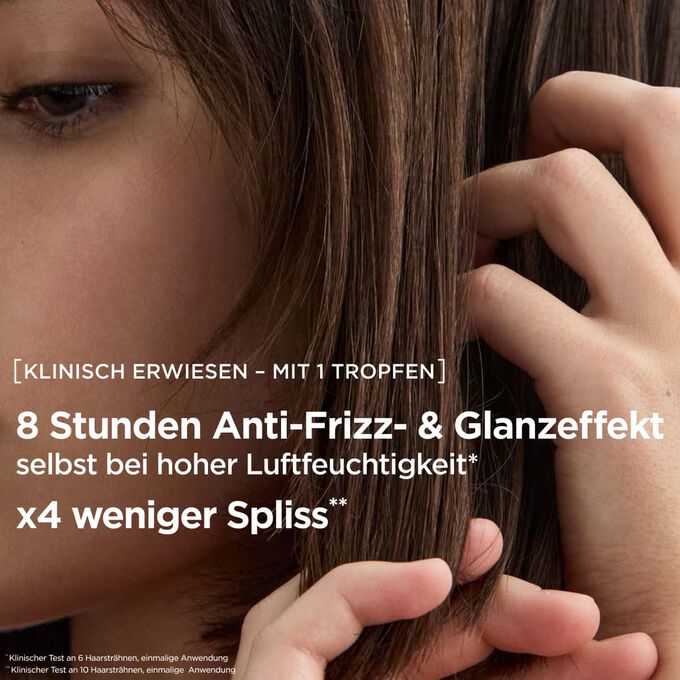 Eine Anti-Frizz-Haar&ouml;lpflege f&uuml;r achtst&uuml;ndigen Glanz und viermal weniger Spliss selbst bei hoher Luftfeuchtigkeit.