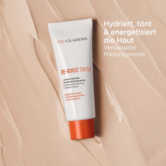 Re-boost getönte Gesichtscreme spendet Feuchtigkeit und Energie auf Textur mit verkapselten Mikropigmenten