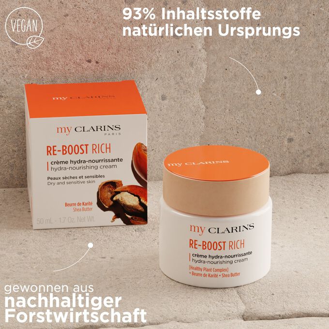 Re-Boost Rich Creme mit Textinfo: Textur 93% natürlichen Ursprungs, Faltschachtelpapier aus nachhaltiger Forstwirtschaft