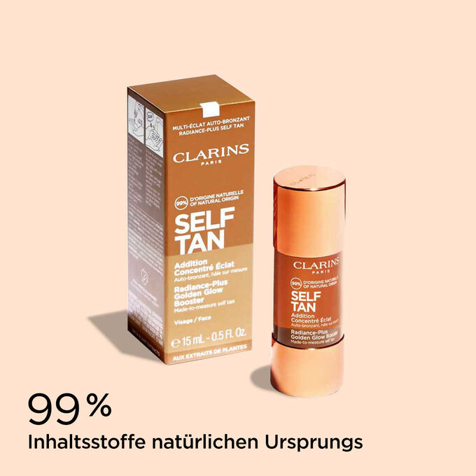 Clarins Addition Concentré Eclat Visage mit Faltschachtel und Text, dass 99% der Inhaltsstoffe natürlichen Ursprungs sind