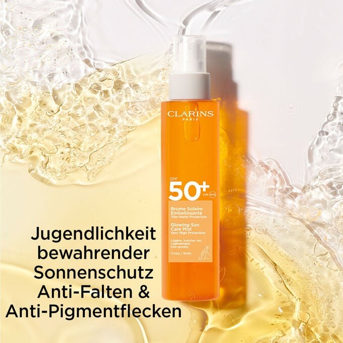 Spray Clarins Brume Solaire Embellissante SPF 50 und Textinfo über Anti-Falten-Schutz und Schutz vor Pigmentflecken.