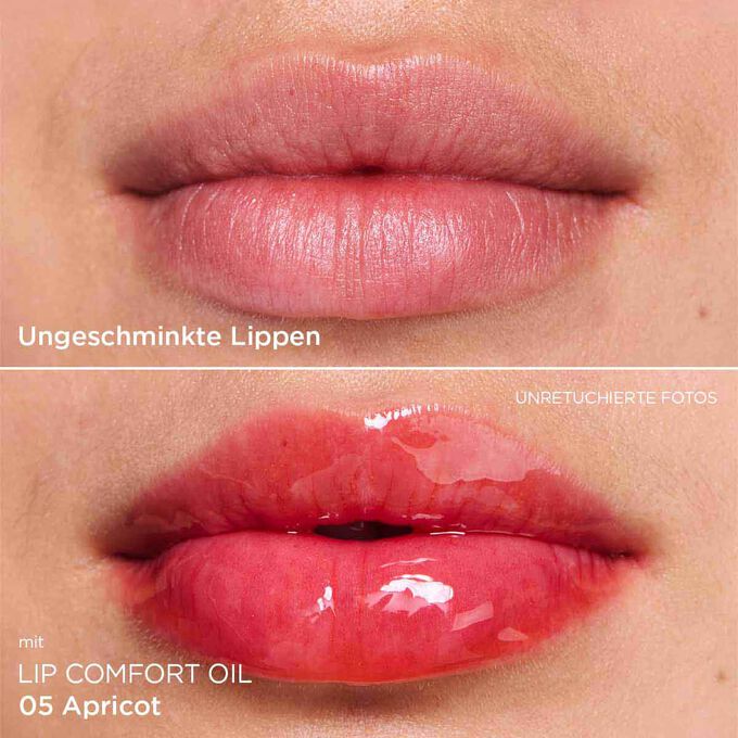 Vorher-Nachher-Nahaufnahme der Lippen einer Frau, die das Ergebnis nach der Anwendung des Orangenton-Lippenöls zeigt