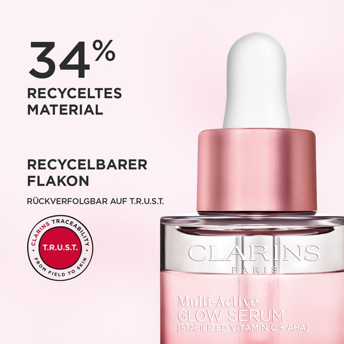 Close-up Flakon Multi-Active Glow Serum mit Hervorhebung von 34 % recycelten Materialien und recycelbarer Verpackung.