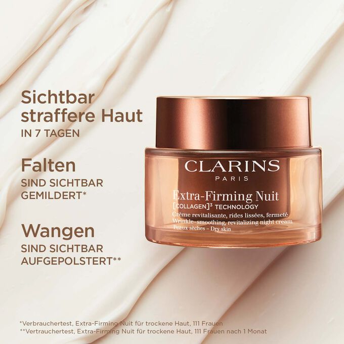 Tiegel Extra-Firming Nuit Creme für trockene Haut mit Textinfo über sichtbare Wangenaufpolsterung und Hautstraffung