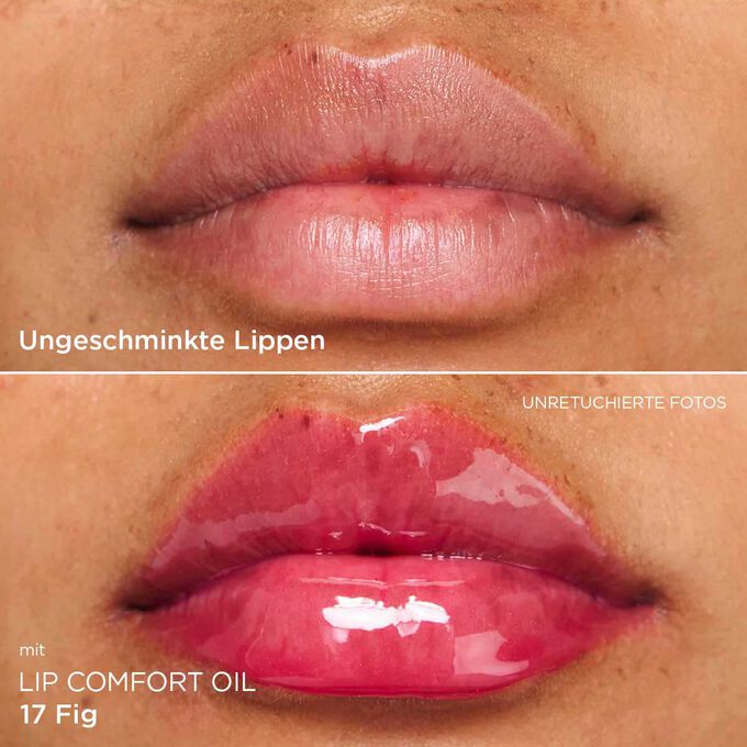 Vorher-Nachher-Nahaufnahme der Lippen einer Frau, die das Ergebnis nach der Anwendung des feigenfarbenen Lippenöls zeigt