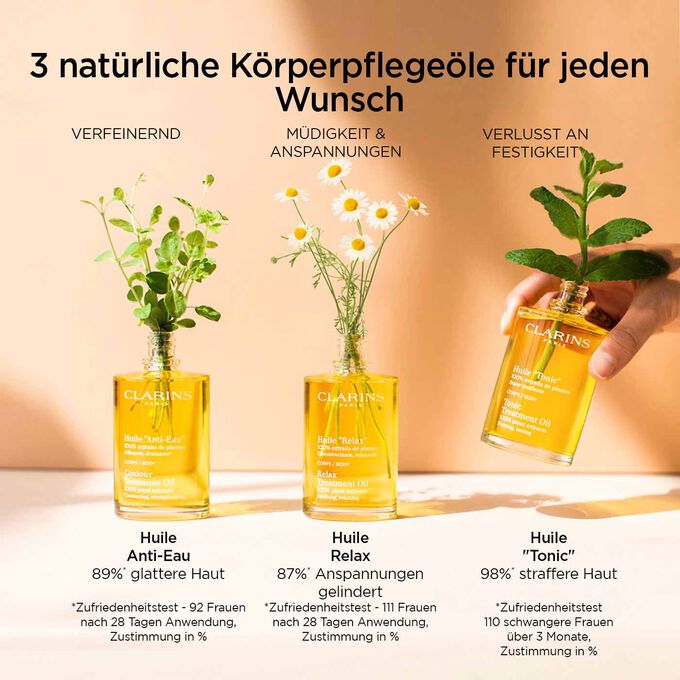 3 K&ouml;rper&ouml;le f&uuml;r jeden Wunsch: Huile Tonic, Huile Anti-Eau und Huile Relax