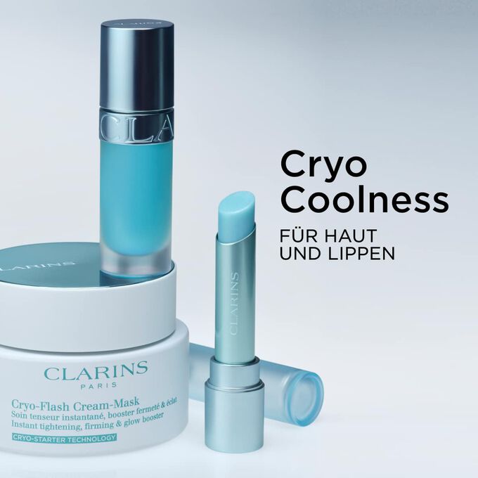 Packshot der Clarins Cryo Coolness-Linie f&uuml;r Haut und Lippen zur Veranschaulichung der k&uuml;hlenden und beruhigenden Produkte f&uuml;r einen aufpolsternden Effekt.