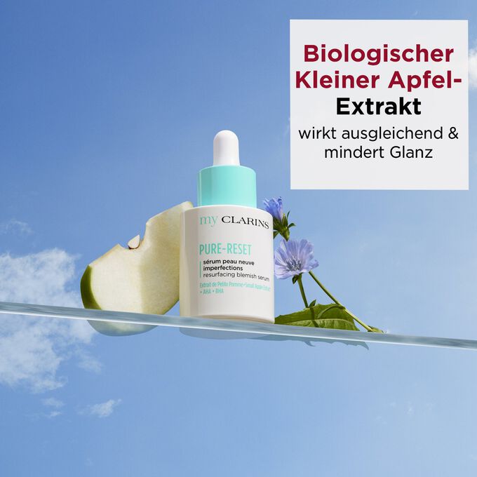 Pure-Reset Resurfacing Blemish Serum mit Text biologischer Kleiner Apfel-Extrakt wirkt ausgleichend & mildert Glanz
