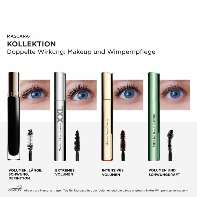 Die Mascara-Kollektion von Clarins bietet Volumen, L&auml;nge, Schwung und Definition mit einem Lash Boosting Complex f&uuml;r Pflege und ultimative Performance.