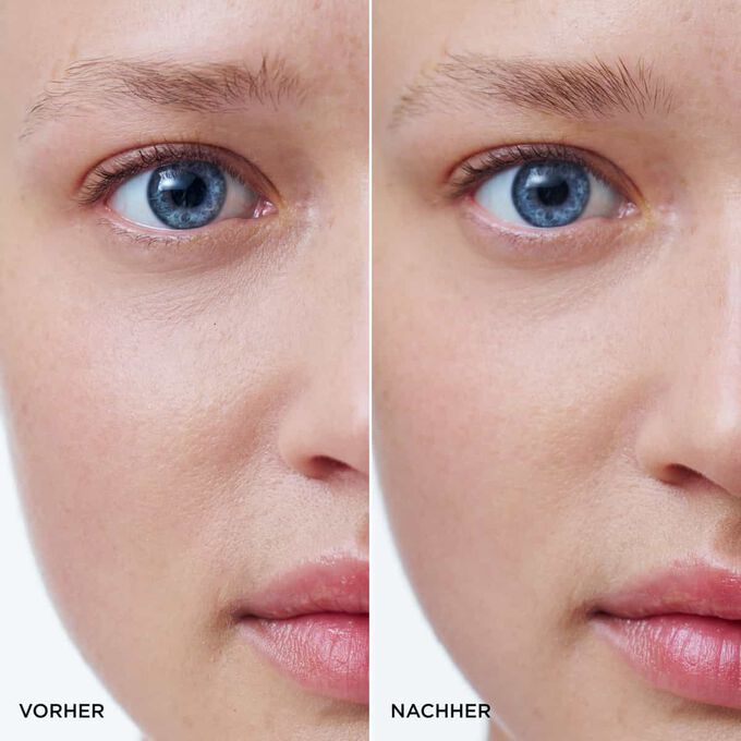 Vorher-Nachher-Vergleich der Augenbrauen einer Frau nach der Anwendung des Clarins Not Teinted Brow Gel, das f&uuml;r geliftete, strukturierte und nat&uuml;rlich definierte Augenbrauen sorgt.