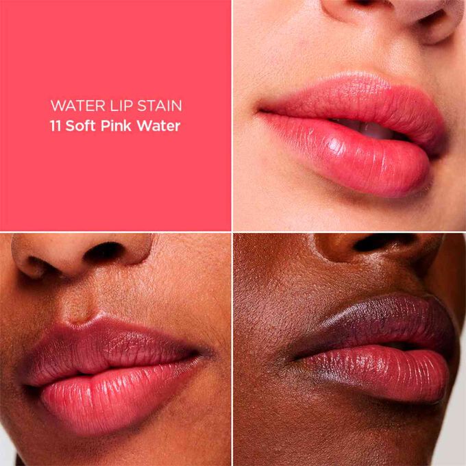 Frauenlippen zeigen das matte Farbergebnis mit unterschiedlich vielen Schichten des soft pink Water Lips Stain 11 aufgetragen