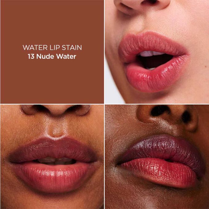 Frauenlippen zeigen das matte Farbergebnis mit unterschiedlich vielen Schichten des braunen Water Lips Stain 13 aufgetragen