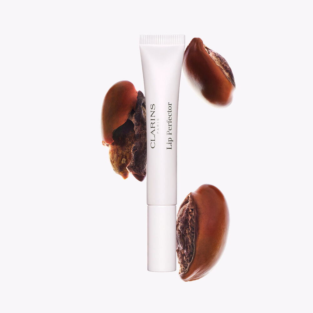 Tube Plumping Lip Perfector neben Sheasamen, um die intensive Lippenpflegeformel f&uuml;r n&auml;hrende Pflegewirkung hervorzuheben