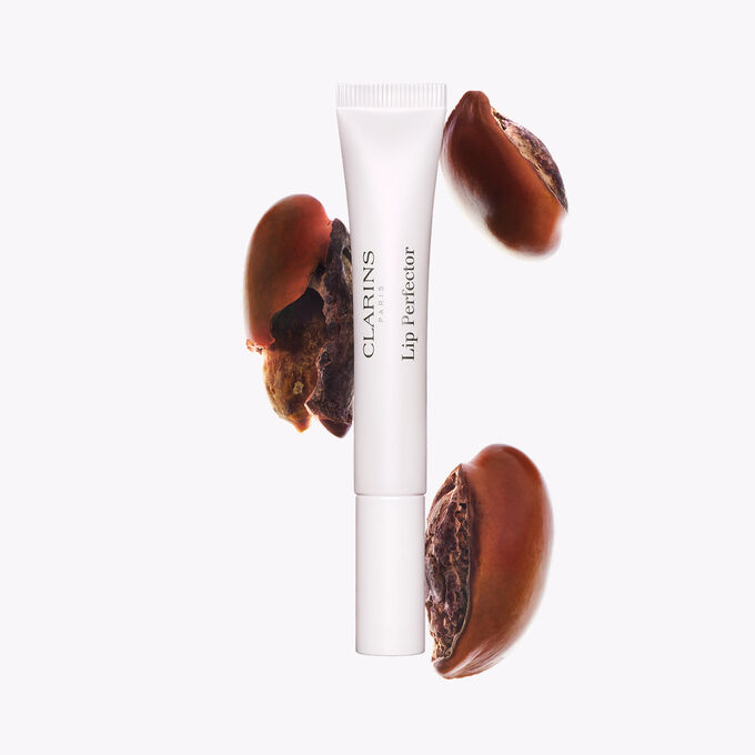 Tube Plumping Lip Perfector neben Sheasamen, um die intensive Lippenpflegeformel f&uuml;r n&auml;hrende Pflegewirkung hervorzuheben