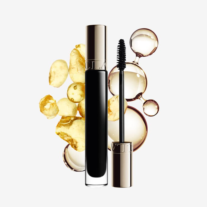 Flakon Clarins Length Boosting Mascara mit Hyalurons&auml;ure, Sphinganin und Panthenol-Molek&uuml;len, bei dem die Hauptinhaltsstoffe hervorgehoben werden.