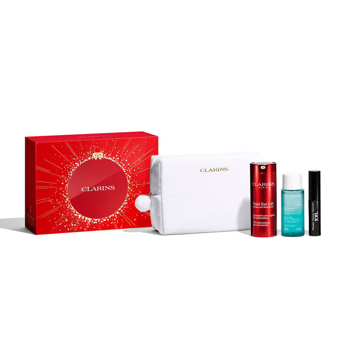 Weihnachtliches Augenpflege-Set von Clarins mit Must-have Produkten f&uuml;r die t&auml;gliche Augenpflege-Routine.
