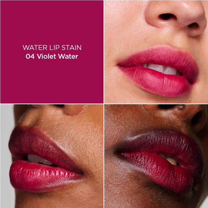Frauenlippen zeigen das matte Farbergebnis mit unterschiedlich vielen Schichten Water Lips Stain 04 violet water aufgetragen