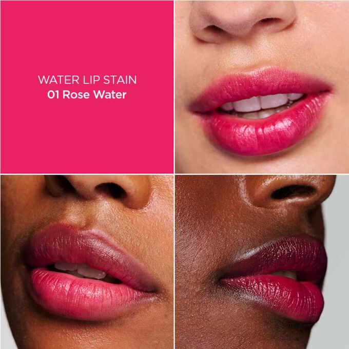 Frauenlippen, die das hydratisierende, farbgebende und matte Ergebnis nach dem Auftragen von Water Lip Stain Shade 01 zeigt.